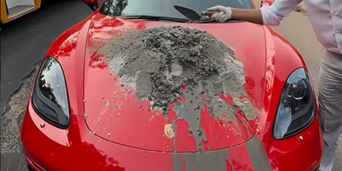 Man Mixes Concrete on Porsche Boxster's Hood to Fix Pothole, Showcase His Paint Protection Film